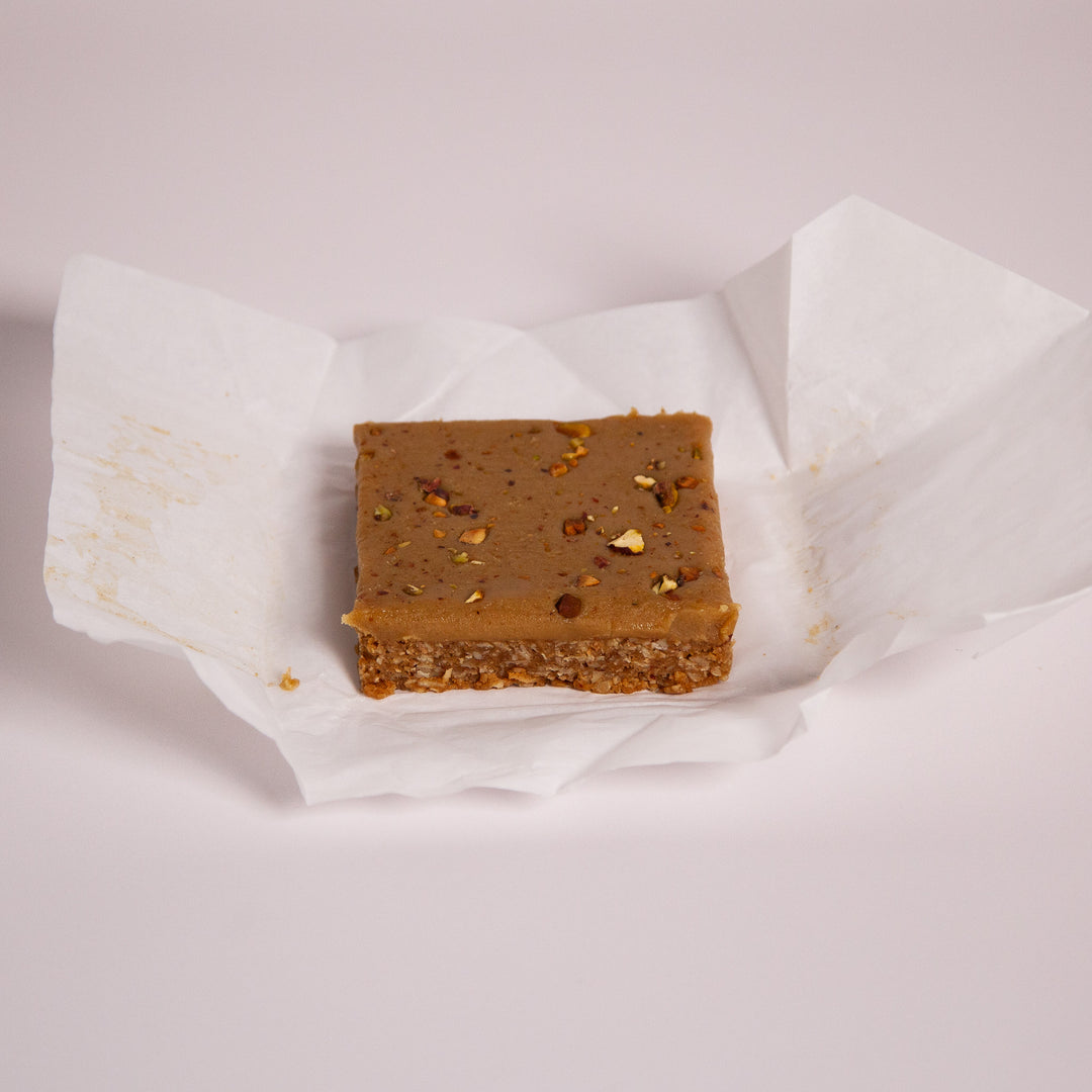Ginger Slice – Oaty Base with Ginger Icing & Pistachios – Sweet Talk Auckland