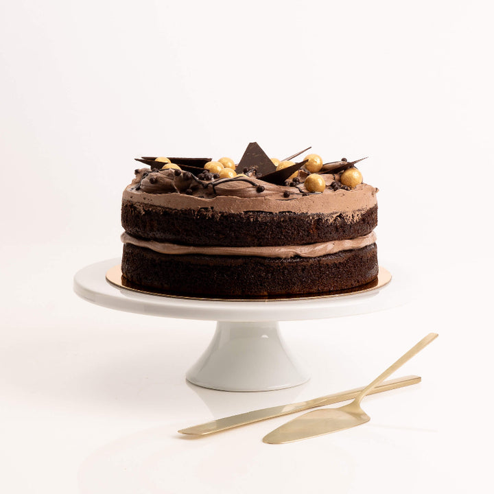 Close-up of rich chocolate cake with creamy frosting and chocolate curls.