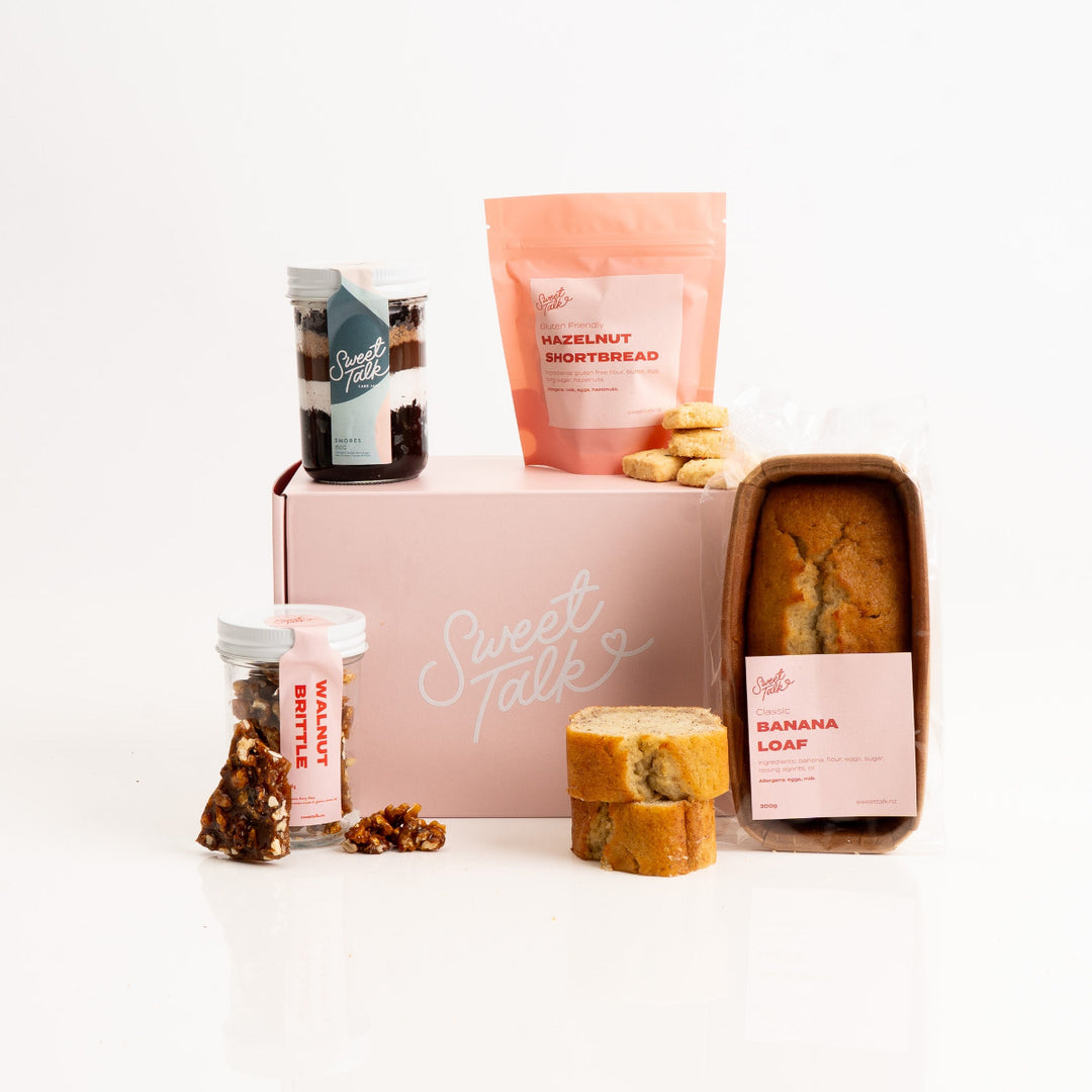 Gift Box 3 with cake jar, walnut brittle, shortbread cookies, and banana loaf.