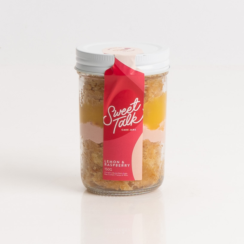 Bright Lemon & Raspberry Cake Jar dessert with creamy layers.