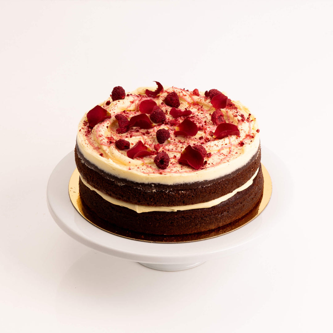 Classic red velvet cake layered with smooth cream cheese frosting.