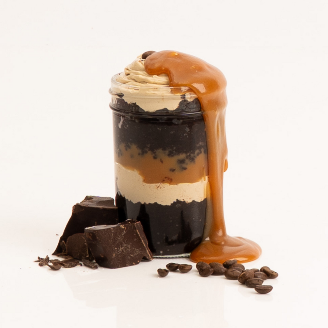 Salted Caramel Espresso Cake Jar with rich coffee and caramel layers.