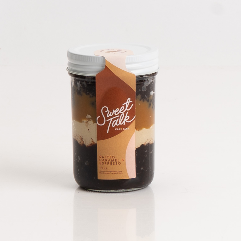 Dessert jar featuring espresso sponge and salted caramel cream.