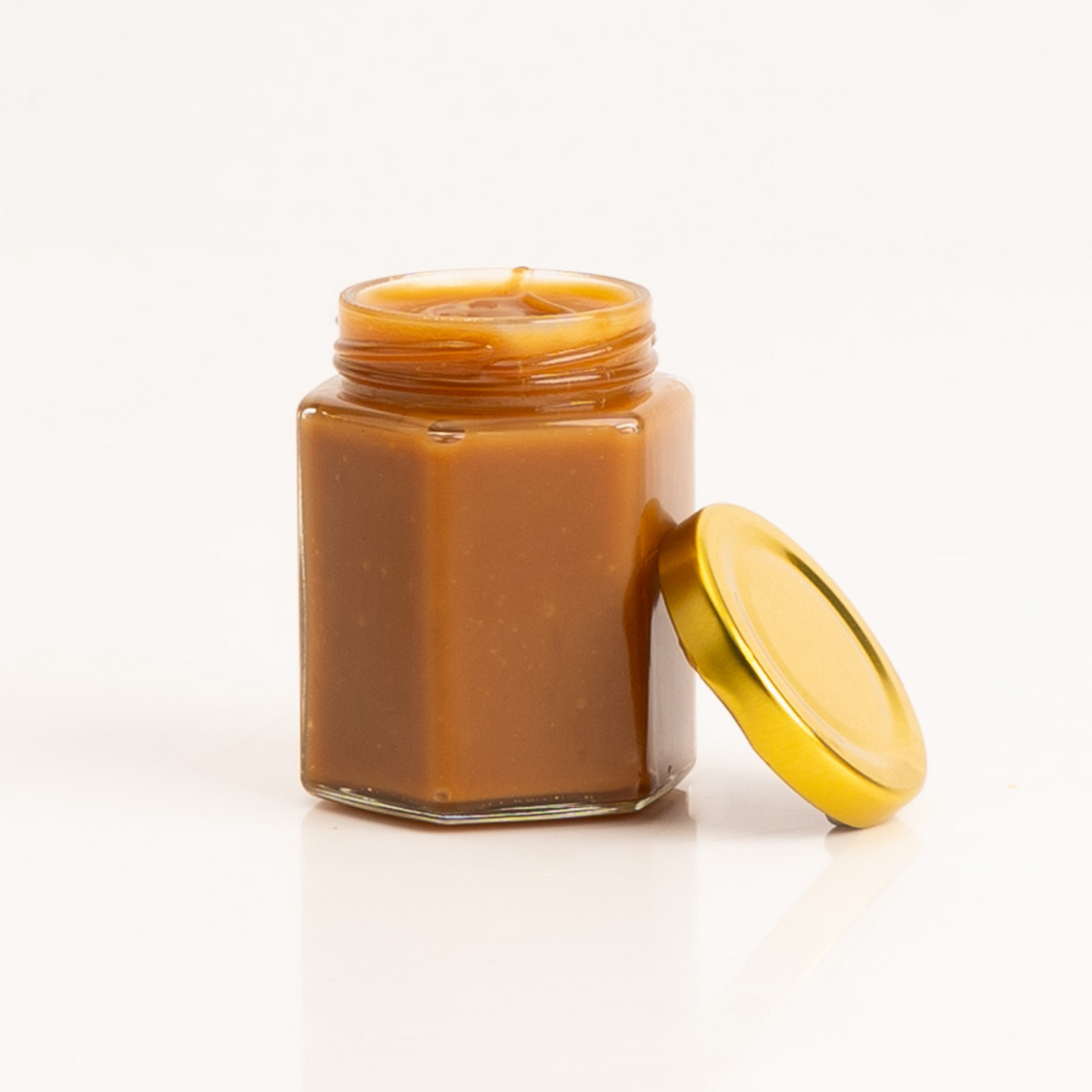 Caramel Jar filled with smooth, buttery salted caramel sauce.