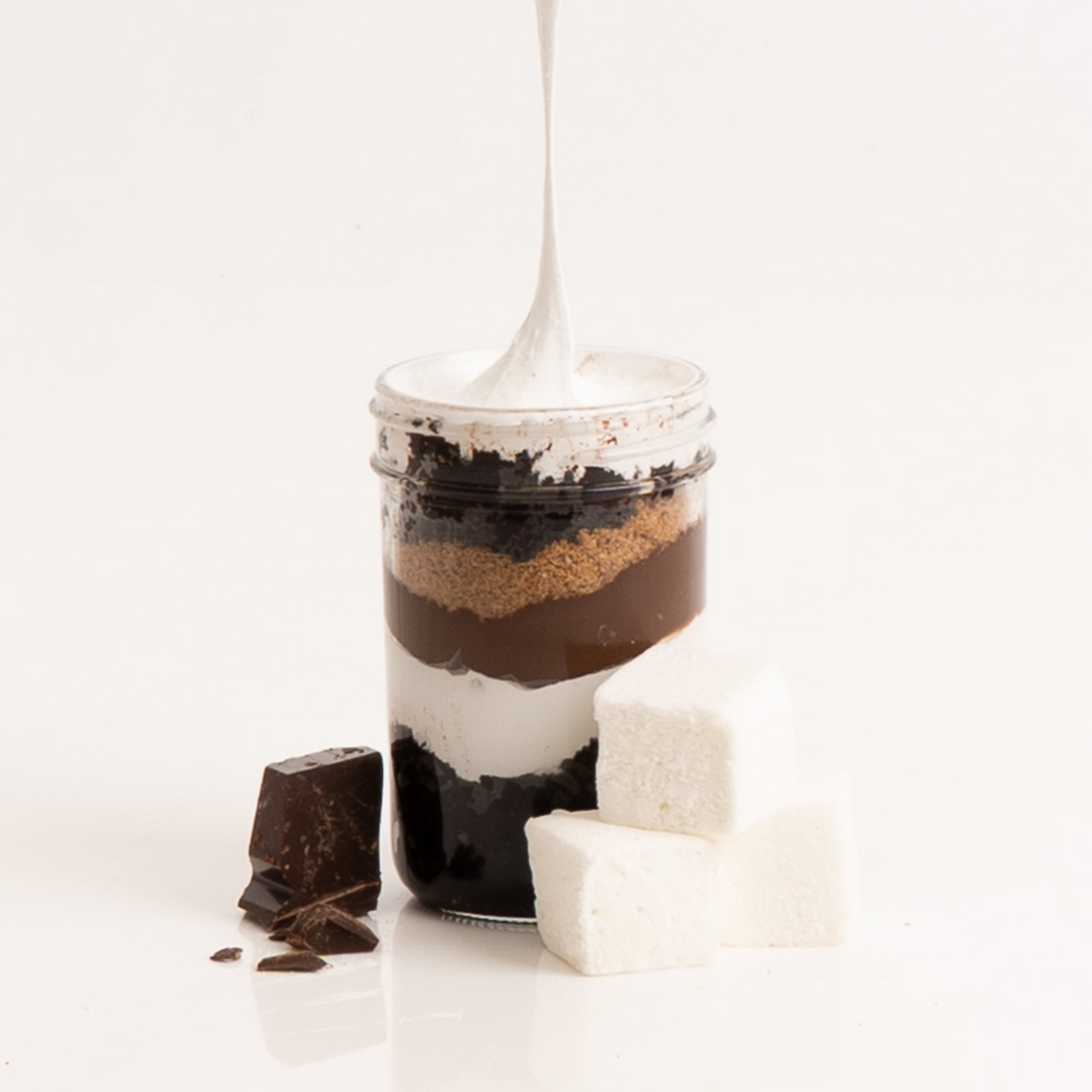 S’mores Cake Jar with chocolate sponge and toasted marshmallow.