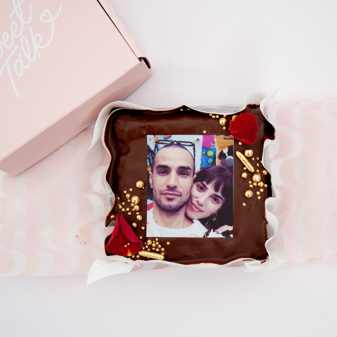 Valentine’s photo brownie with personalised edible image printed on fudgy chocolate brownie topped with ganache
