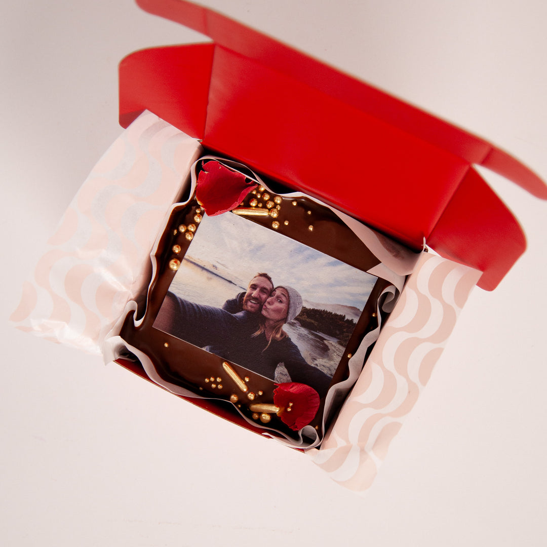 Valentine’s photo brownie with personalised edible image printed on fudgy chocolate brownie
